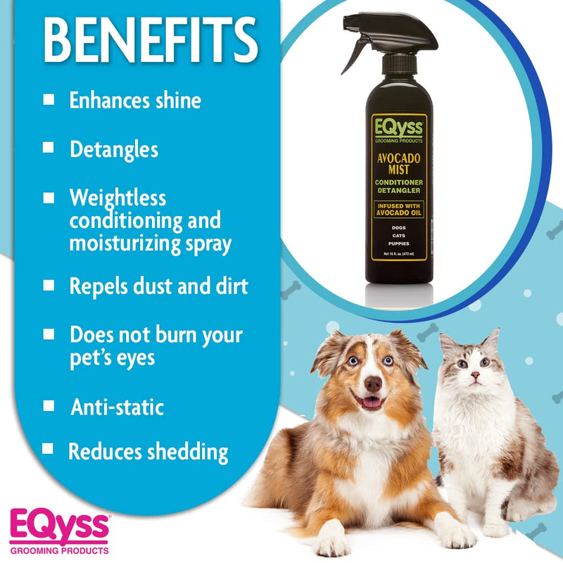 EQyss Avocado Mist Pet Spray Conditioner - Shines, Conditions, and Reduces Shedding, Weightless Leave in Spray - for Dogs, Cats, Puppies - Oil and Silicone Free, pH balanced, USA Made 16-Ounce - PawsPlanet Australia