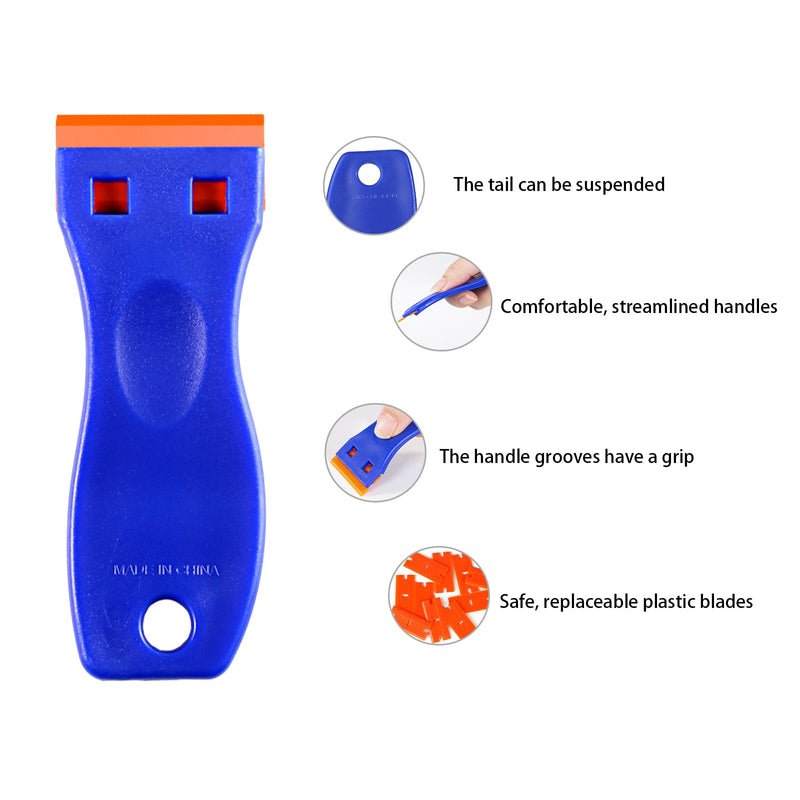 4 PCS Plastic Razor Blade Scraper and 120 PCS Plastic Razor Blades, Cleaning Scraper Tool for Remover, Adhesive, Stickers, Decals, Glass, Labels, Cars Windows Blue