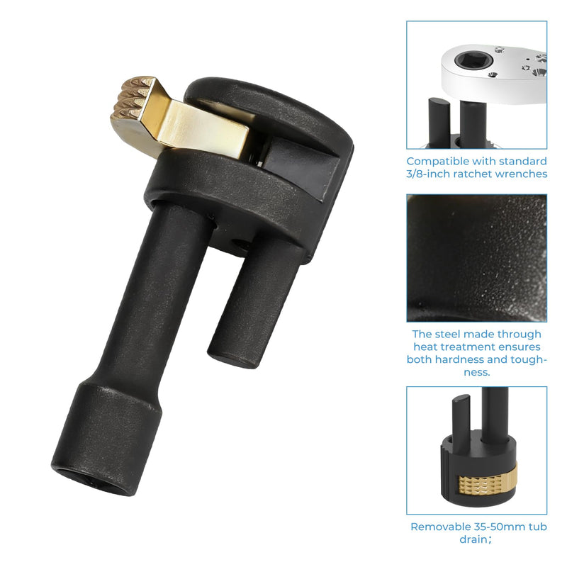 Tub Drain Removal Tool, 3/8 in Ratchet Drive, Gold | Heat-treated steel body supports stable torque for stubborn bathtub, sink, and floor drain work.