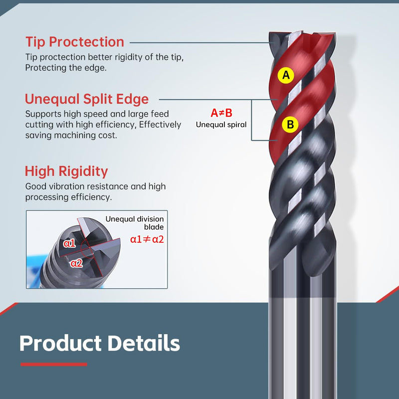 HUHAO Square End Mill(3Pcs),4 Flute Variable Straight Milling Cutter 1/4" Shank End Mill for Carbon Steel,Prehardened Steel,Stainless Steels,Carbide End Mills Sets for DIYers & Professionals 3 1/4" 3 pcs