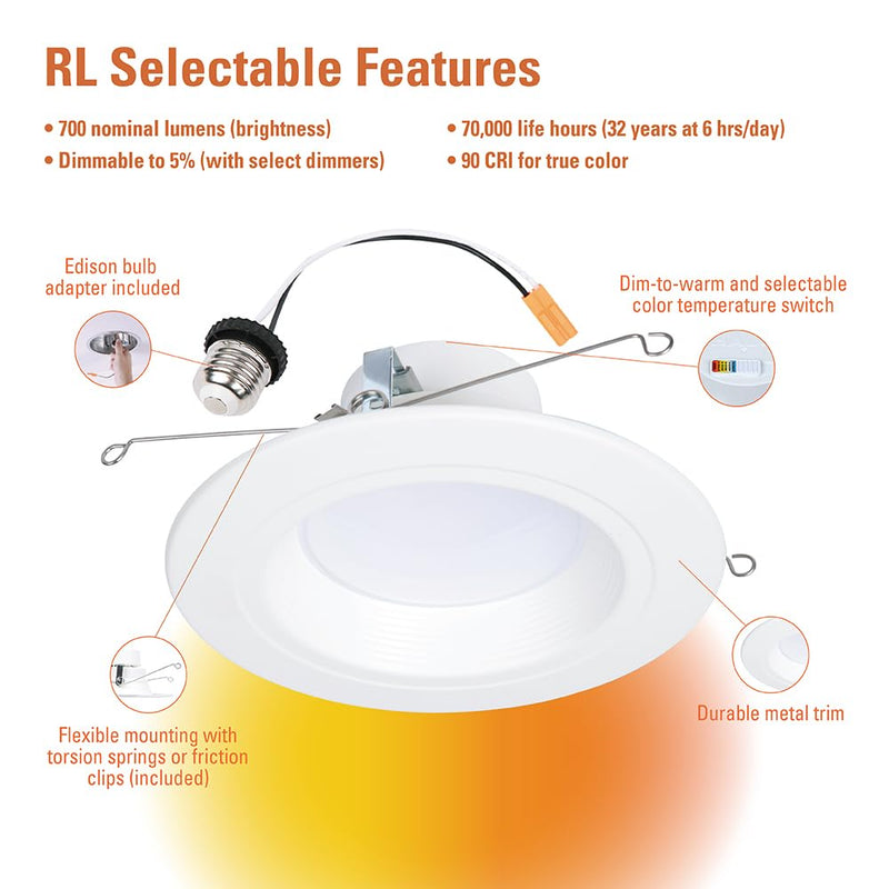 HALO RL Series 5/6 inch Recessed LED Retrofit Light, Selectable CCT (2700K-5000K) Integrated LED, Dim to Warm, White Retrofit Baffle Trim, 700 Lumens 600 Lumens