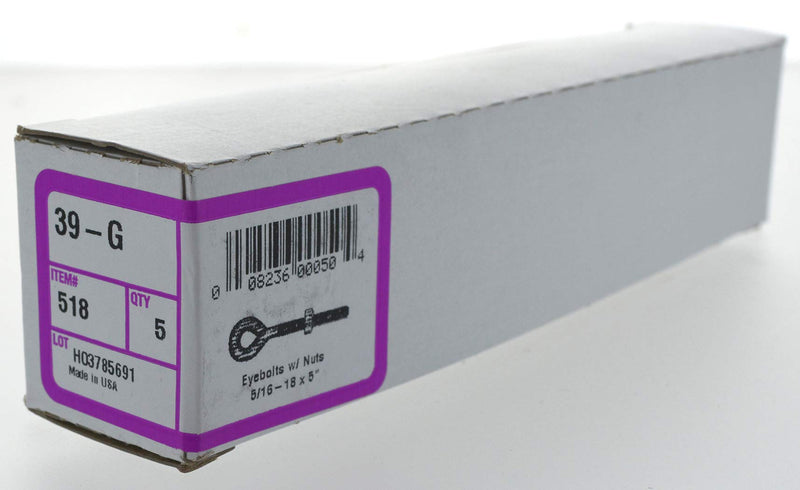 518 Eyebolts with Nuts, 5/16 x 5-Inch, 5-Pack,Zinc