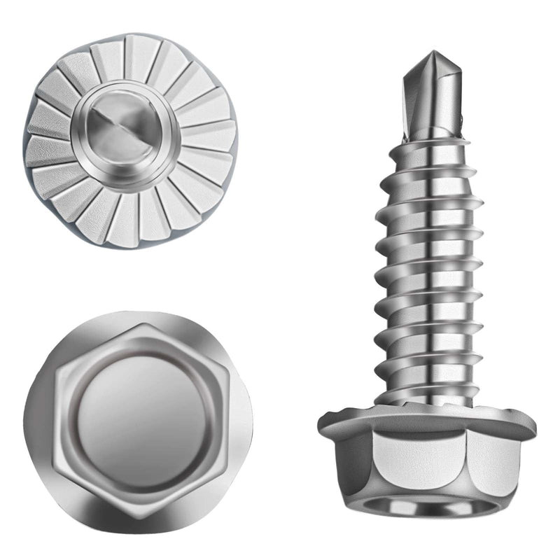 # 14 Serrated Hex Washer Head Self Drilling Screws # 2 Drill Point, 1/4"-20 Thread Size Self Tapping Screws, Garage Door Hinge and Bracket Bolts 3/8 x 1 (Qty 50)