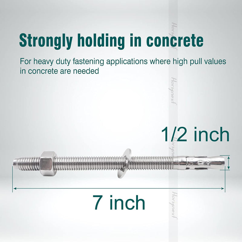 1/2"x 7" inch Stainless Steel Standard Strong Wedge Anchor, Fasteners for Concrete (4 pcs) 1/2" x 7"