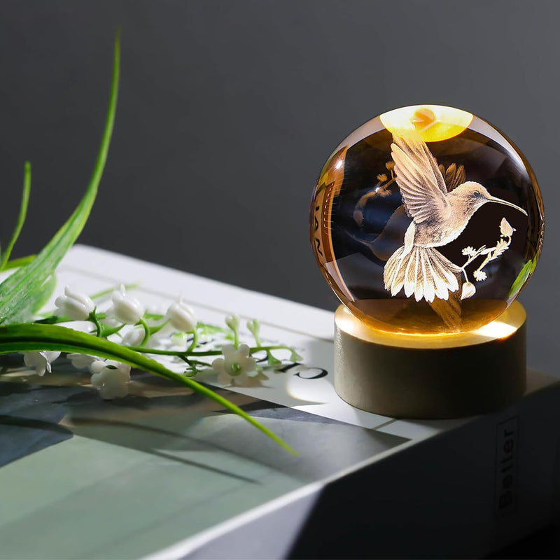 3D Laser Engraved Bird Crystal Ball with LED Stand, 60mm Hummingbird Figurine Lamp Night Light, Glass Hummingbird Globe Paperweight Gift Clear_bird