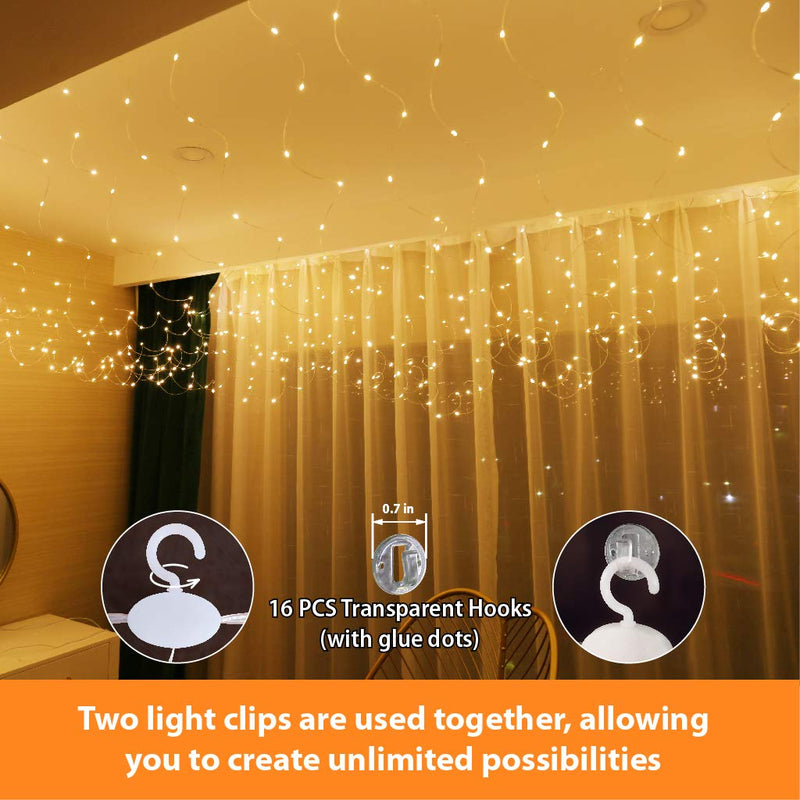 HXWEIYE 300LED Fairy Curtain Lights, 9.8x9.8Ft Warm White USB Plug in 8 Modes Christmas String Hanging Lights with Remote for Bedroom, Indoor, Outdoor, Weddings, Party 300L-Silver Copper Wire