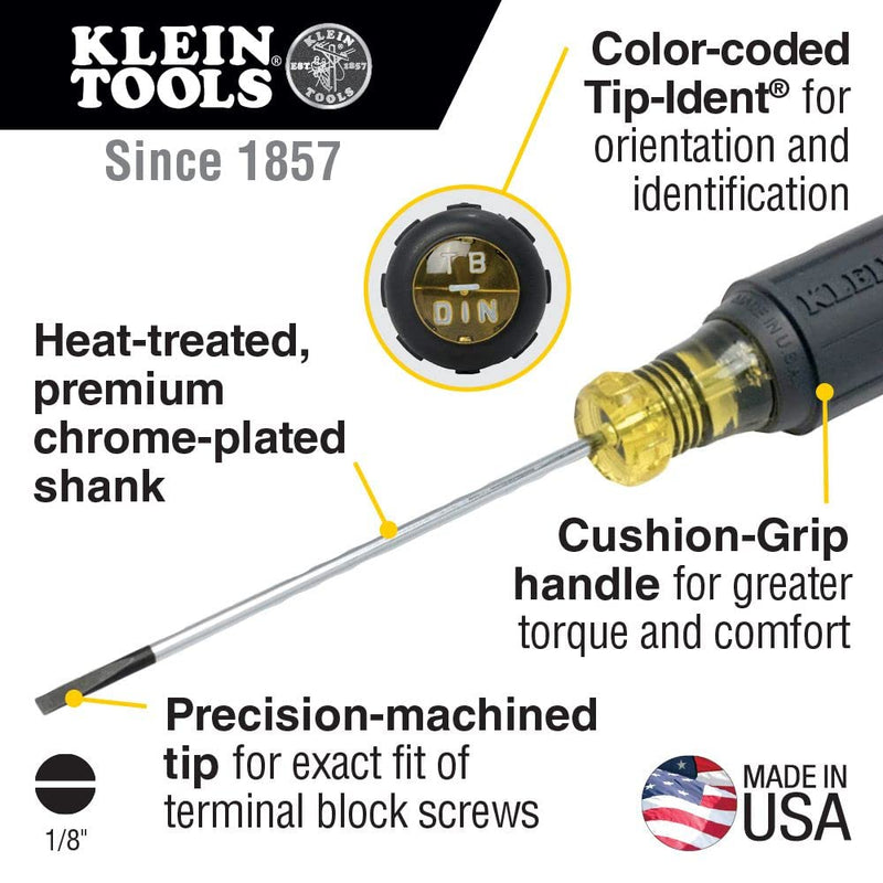 Klein Tools 612-4 Screwdriver, Made in USA, Flat Head Terminal Block Screwdriver, 1/8-Inch Cabinet Tip, 4-Inch Round Shank, TB-DIN 1 Count (Pack of 1) 1/8 Terminal Block Screwdriver