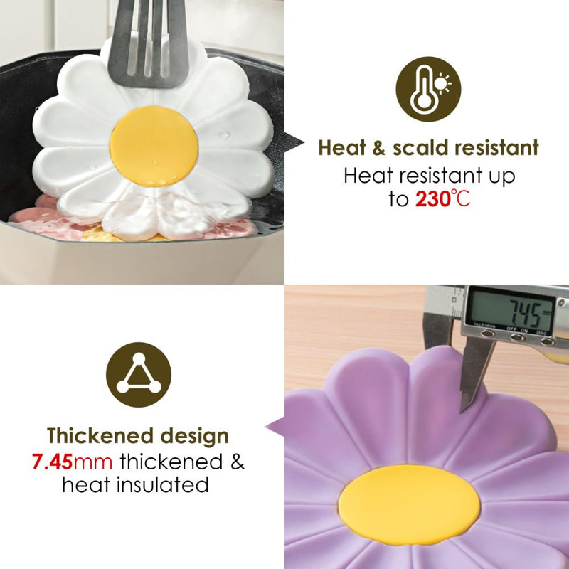 4Pcs Silicone Daisy Heat Pads, Creative Hot Pots Trivet Heat Resistant Mat for Kitchen Cooking White 17cm
