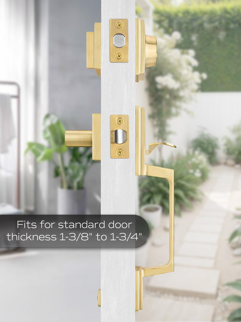 Satin Brass Front Door Handle Set with Deadbolt, Heavy Duty Lever Straight - Gold Front Door Handle with Deadbolt 1