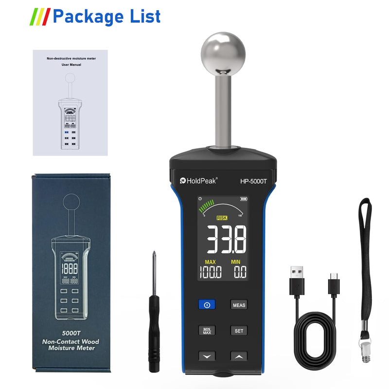 HOLDPEAK Pinless Wood Moisture Meter, Non-Destructive Moisture Meter for Wood, Concrete, Floors, Walls, Measuring Depth 20-40mm Digital Moisture Meter with Masonry-Spherical Sensor, Large LCD Display