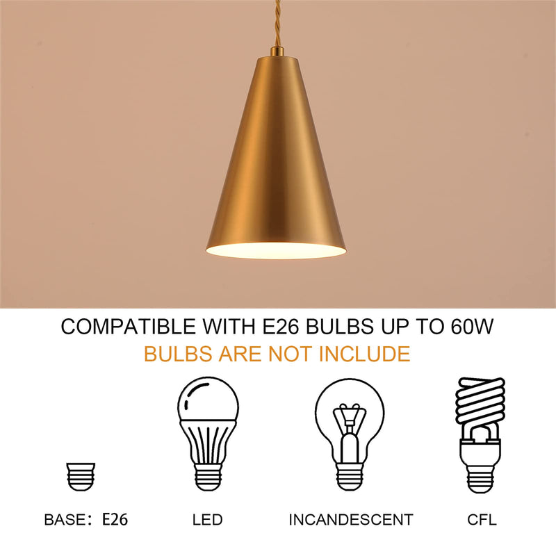 Gold Pendant Lights Kitchen Island,Dining Room Light Fixtures Over Table 3 Pack with Brushed Brass Cone Metal Shade, Modern Farmhouse Mini Chandeliers,Adjustable Cord Hanging Lighting for Bar,Sink 3Pack Gold