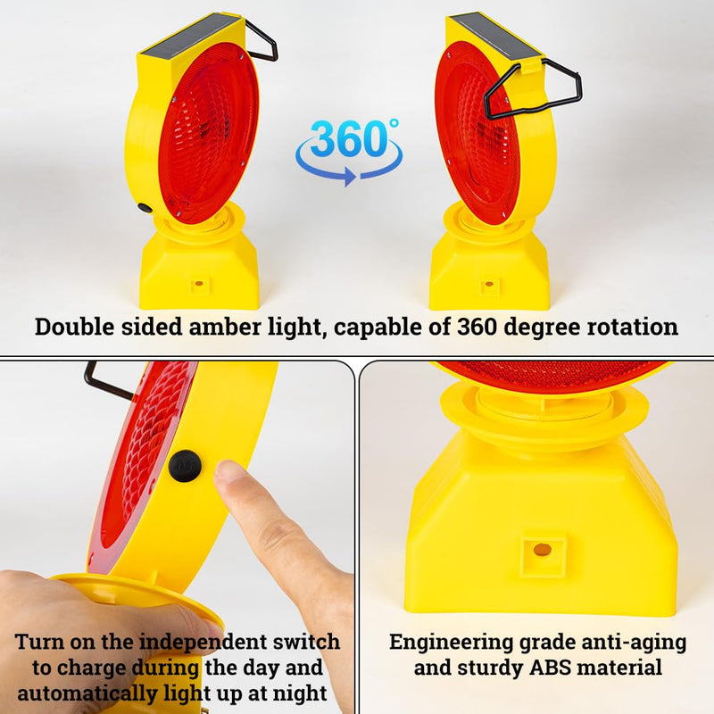 Solar Industrial Warning Lights,Wireless Waterproof Rechargeable Safety Barricade Warning Lights,Traffic Signal Flashing 2 Sided Visibility Amber LED for Road Construction and Vehicle Emergency Red