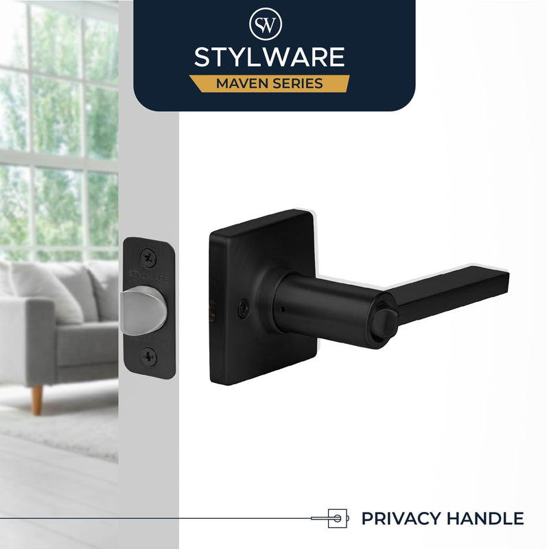 Maven Privacy Door Handle - 1 Pack Reversible Interior Black Door Handle, Heavy Duty Bed & Bath Door Handles with Privacy Door Lock, Fits All Standard Doors - Matte Black