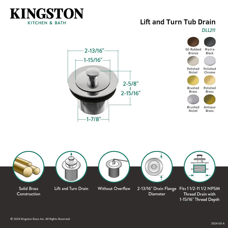 Kingston DLL218 Brass Lift and Turn Tub Drain, Brushed Nickel
