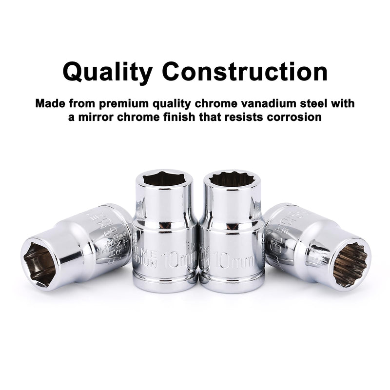CASOMAN 10Piece Impact Socket Set, 1/4" & 3/8" Drive, Deep & Shallow, 10mm, Metric, Mirror Chrome Finish 10PCS 10mm 1/4&3/8-Inch