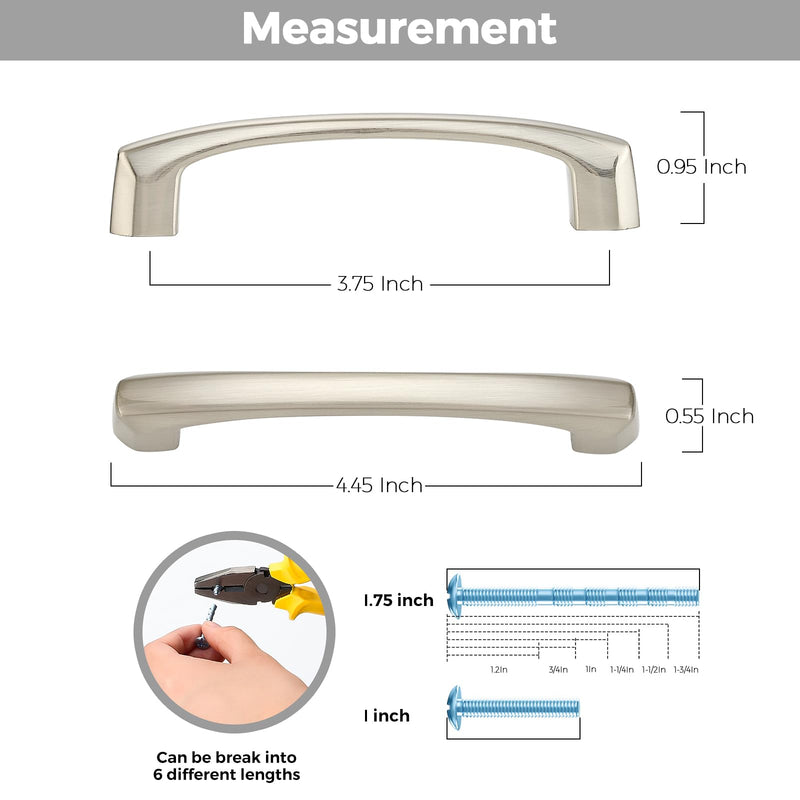 5 Pack Kitchen Cabinet Handles 3-3/4 Inch Hole Center Drawer Pulls Curved, Brushed Nickel Cabinet Pulls for Dresser and Drawers Solid 5