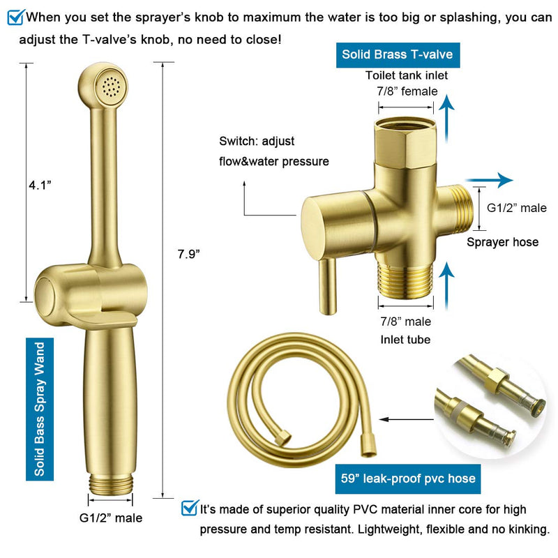 Handheld Bidet Toilet Sprayer, Brass Hand Held Bidet Attachment Cloth Diaper Toilet Sprayer with Backflow Preventer, Adjustable Water Jet Spray for Toilet with 7.9" Long Bidet Wand, Brushed Gold