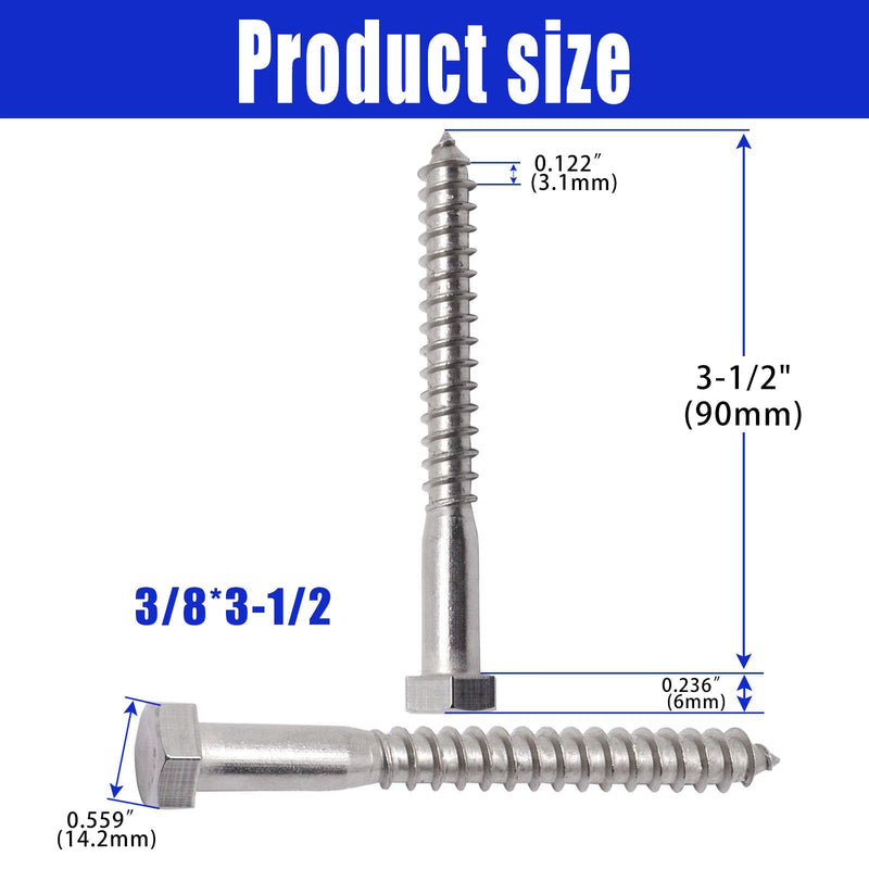 3/8" X 3-1/2" Hex Lag Screws, 304 Stainless Steel Lag Screws Bolts for Wood (10pcs) 10 3/8" X 3-1/2"