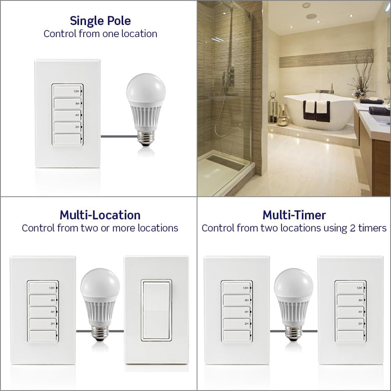 Leviton Countdown Switch for lights, attic, heaters, pool pumps, 2-4-8-12 hour, Neutral Wire Required, 20A, 1 HP/16A Fan/Motor, Single Pole, Multi-Way or Multi-Timer, DT212-1LW, White 20 Amp