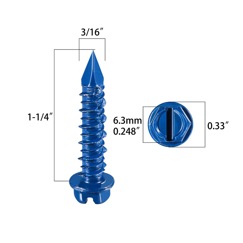 Wensilon(30 PCS) 3/16" * 1-1/4" Slotted Hex Washer Head Concrete Screws Anchor Kit Blue Flat Head for Anchoring to Masonry, Block or Brick Stucco 3/16" * 1-1/4" 30