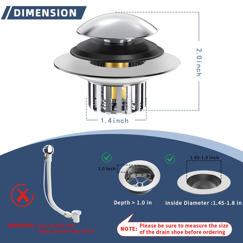 Universal Tub Stopper Bathtub Drain, Drain Hair Catcher and Cover, Pop Up Tub Stopper Bathtub Drain Plug Cover Replaces Bath Tub Lift and Turn, Tip-Toe and Trip Lever Bathtub Drains (Silver) Silver