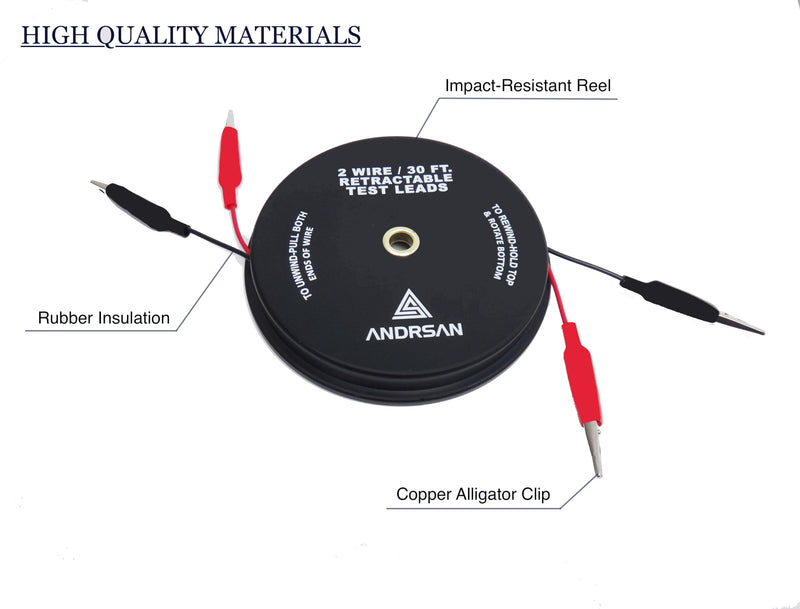 2 Wire 30’ Retractable Test Leads with 2” Alligator Clips, 18 Gauge Electrical Copper Wire, Impact-Resistant Reel, Black