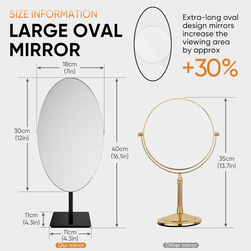 Oval Makeup Mirror for Desk, 12 Inch Frameless Metal Standing Table Top Mirror, Adjustable Angle Oval