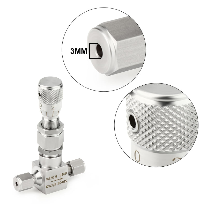 TAISHER 1PCS 304 Stainless Steel Reduce Port 3mm Needle Valve 1/8" OD，Accurate Dials For Micro Flow Control Instrument Gauge Water Gas Oil