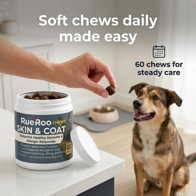 Skin & Coat Chews for Dogs – Omega-3 Fish Oil (EPA & DHA), Biotin & Vitamins A + D3 – Supports Itchy Skin, Dry Skin, Shedding & Shiny Coat – Puppies to Seniors – 60 Soft Chews