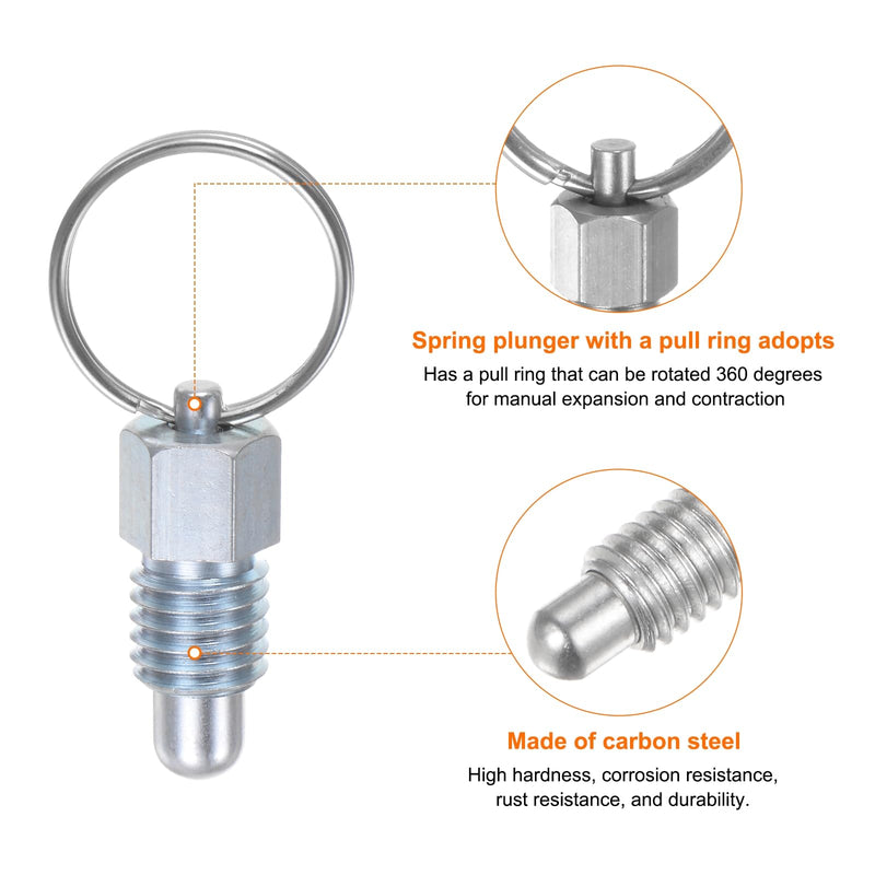 HARFINGTON 2Pcs Spring Plunger with Pull Ring M12x1.75 Thread Size 0.51" Thread Length Pin Dia.8mm Round Head Carbon Steel Non-Locking Retractable Index Plunger for Industrial Equipment