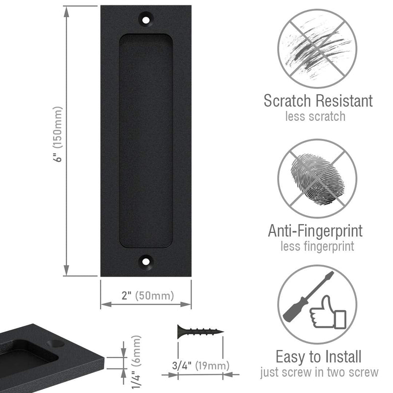 6" Finger Flush Pulls for Closet Pocket - Sliding Barn Door Handle Set - Pull Recessed Handle Rectangular Plate - Farmhouse Rustic Style - Matte Black - 2 Pack 6" Rectangular
