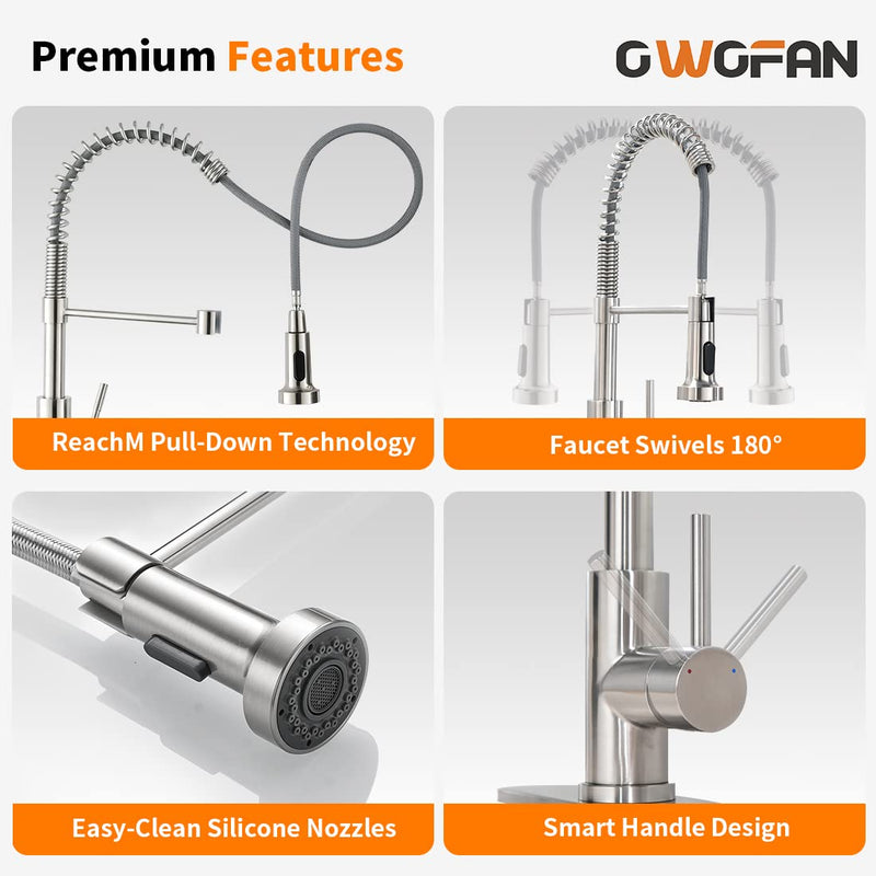 OWOFAN Kitchen Faucet with Pull Down Sprayer Brushed Nickel Stainless Steel 1 Handle Pull Out Spring Sink Faucets 1 Hole Or 3 Hole Dual Function for Farmhouse Camper Laundry Utility Rv Wet Bar Classic A-Brushed Nickel