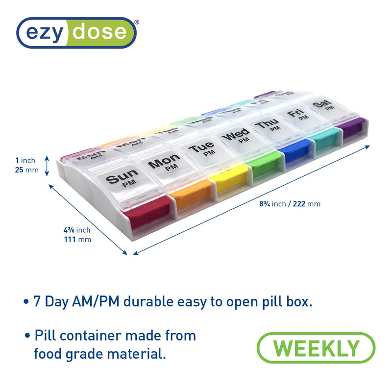 EZY DOSE Push Button (7-Day) Pill Case, Medicine Planner, Vitamin Organizer, 2 Times a Day, AM/PM Container, X-Large Compartments, Arthritis Friendly, Easy to Use, Clear Lids, Rainbow, BPA Free Rainbow/Clear