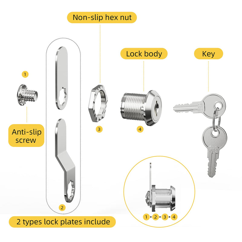 TYI Cabinet Cam Lock Set, 5 Pack Keyed Alike Cylinder Cam Locks Secure Mailbox File Drawer Dresser RV Compartment Lock Tool Box Replacement Hardware, Chrome-Finish Zinc Alloy (5/8 Inch) 5/8 Inch Keyed Alika