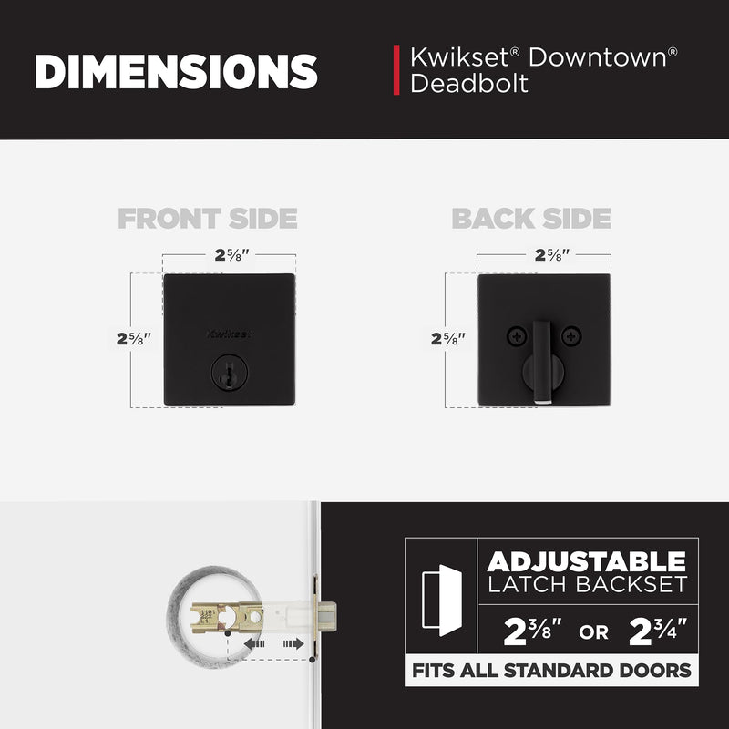 Kwikset Downtown Deadbolt Lock, Matte Black Square Exterior Keyed Front Entry Door, Pick Resistant SmartKey Rekey Security, Single Cylinder Dead Bolt, with Microban Protection 0.5" x 2.63" x 2.63" - NewNest Australia