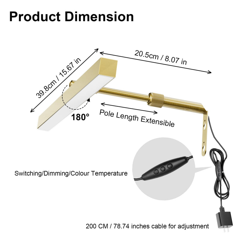 Plug in Picture Lights for Wall, 16 inch Dimmable LED Art Light with Remote, 3 Colour Temperature Gallery Painting Wall Light for Picture Display Dartboard Art Work (Gold) Gold