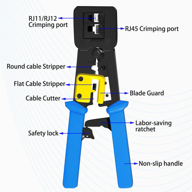 Pass Through RJ45 Crimp Tool, Ratcheting Ethernet Crimping Tool Kit, Ethernet Crimper for RJ45 Pass Through Connector and RJ11/RJ12 connectors Ratcheting RJ45 Crimp Tool