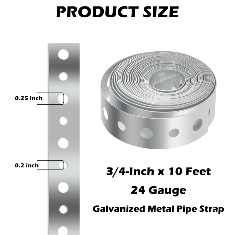 HYDRO MASTER Galvanized Metal Pipe Strap, 3/4 Inch x 10 Feet, 24 Gauge, for Pipe Support, Hanging and Flexible Trimming with Holes