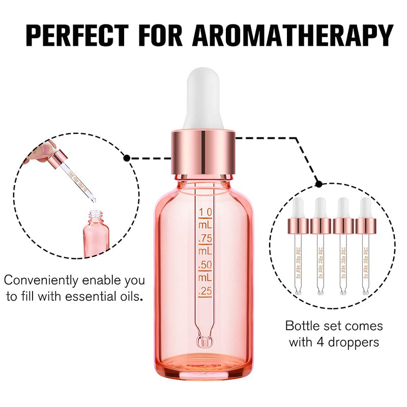 PrettyCare 4 Pack 1oz Eye Dropper Bottle Rose for Essential Oils with Measured Pipettes, 30ml Glass Bottles with Eye Droppers Tincture Bottles, Leak Proof Travel Bottles Pink