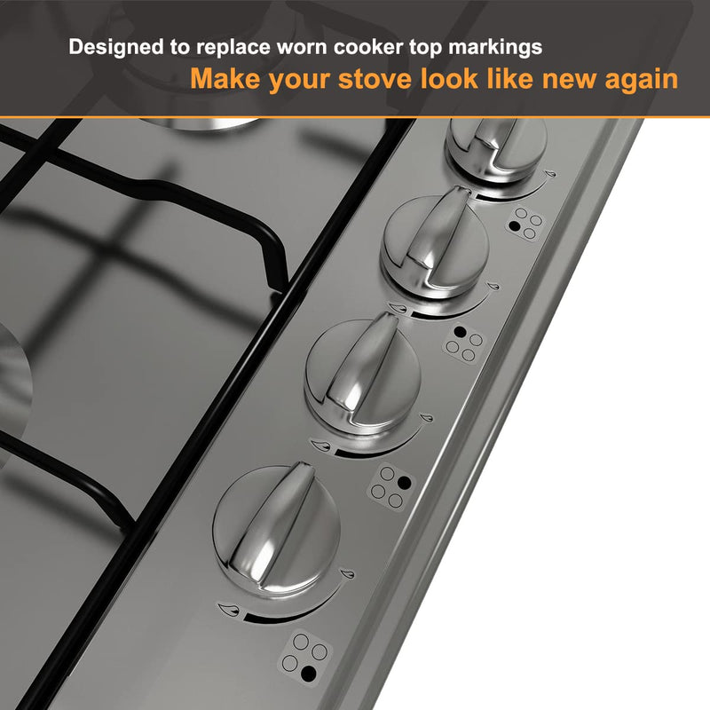 MANWU 2 Sets Flame Indicators Ring Stove Sticker Decal Label for Burner cooktop hob Cooker top Markings Oven Replacement Adhesive knob Symbols (Black Print for Silver, White or Light Coloured Stove) Black Print on Clear