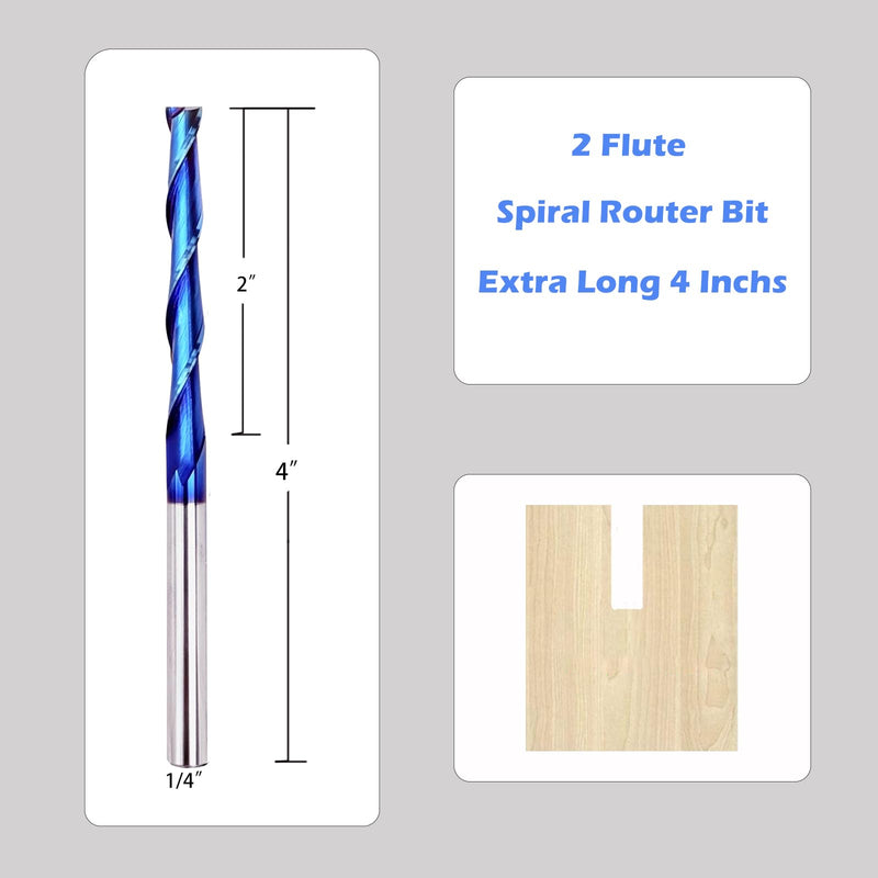 Extra Long 4 Inch Upcut Spiral Router Bit 1/4 Inch Shank, 2 Inch Cutting Length 1/4 Inch Cutting Diameter, Solid Carbide with NACO Coating CNC Router Bits End Mill for Wood Cut, Trimming, Carving UP CUT 1/4S"*1/4D"*2CL"*4"OVL