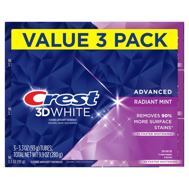 Crest 3D White Advanced Teeth Whitening Toothpaste, Crest 3D White Brilliance Toothpaste, Radiant Mint, 3.3 oz, Pack of 3