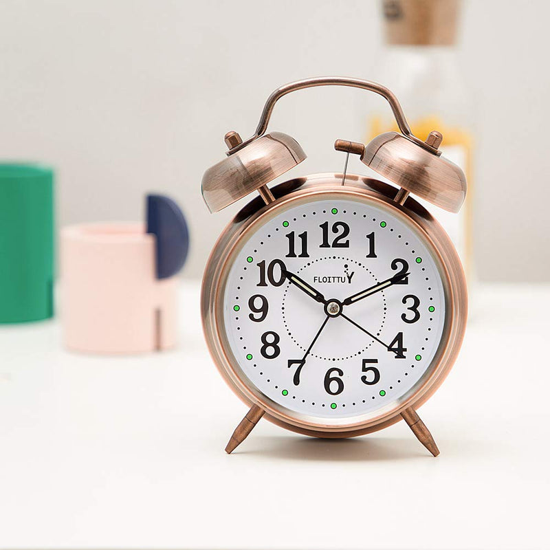 {Loud Alarm for Deep Sleepers) 4'' Twin Bell Alarm Clock with Backlight for Bedroom and Home Decoration(Red-Brown) Red-brown
