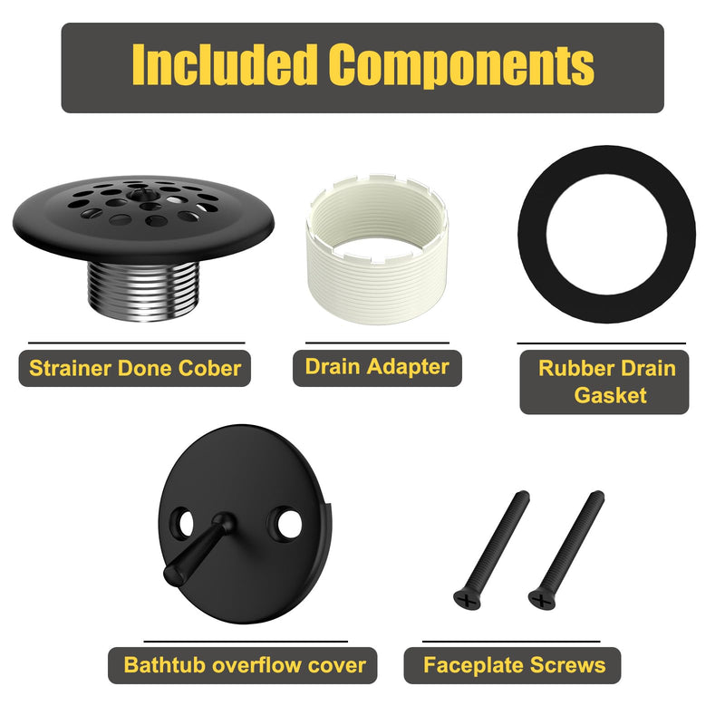 Trip Lever Tub Drain Kit, Bathtub Drains Stopper Replacement Set with Trip Lever Overflow Faceplate, Strainer, No Putty Gasket and Matching Screws (Matte Black) Black Kits