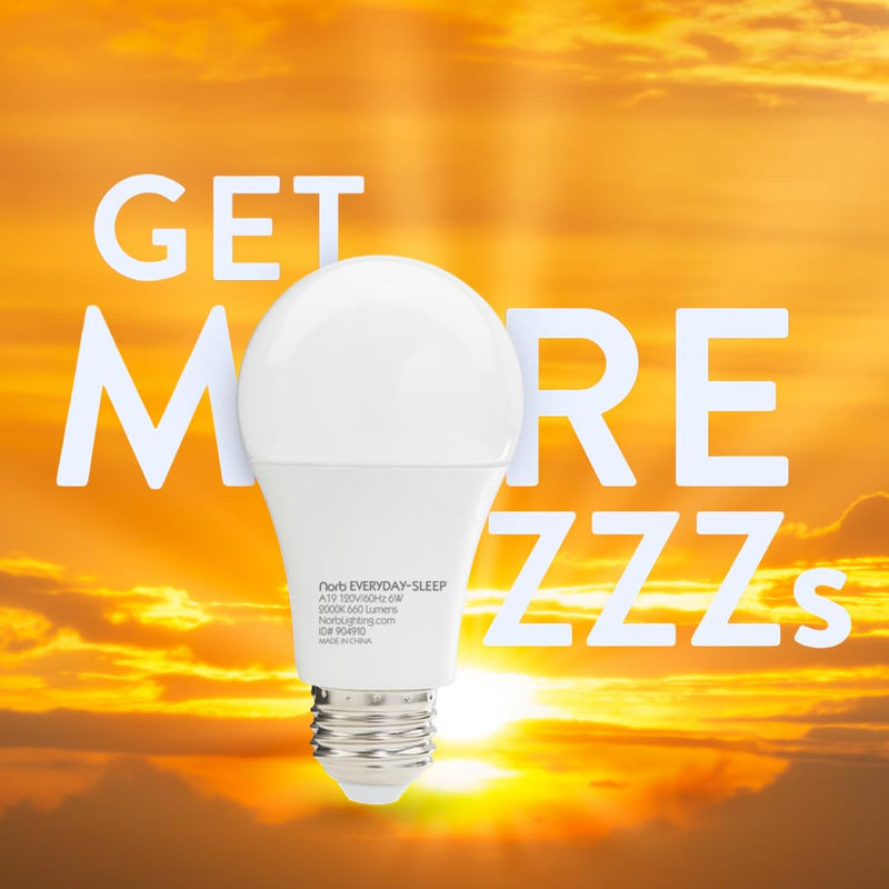 Norb Everyday Sleep Light Bulb - No Blue, Amber LED, 2000K Nighttime Lighting for Bedroom, Dimmable A19 Bulb Promotes Natural Melatonin & Circadian Rhythm for Babies, Kids, Adults, 6W (2-Pack)