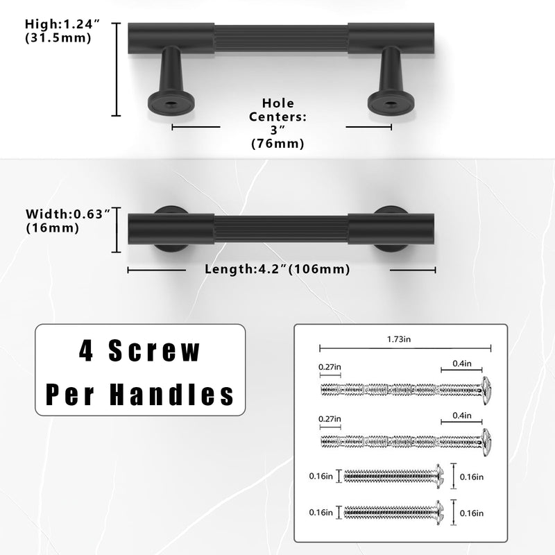 10 Pack Matte Black Cabinet Pulls 3 Inch(76mm) Kitchen Cupboard Handles Solid Heavy Duty Zinc Alloy Drawer Pulls 3" Hole Center 10