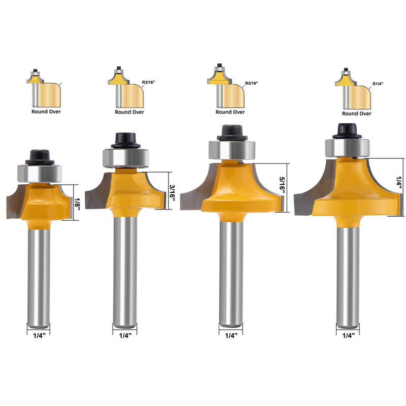 Carbide Roundover Router Bit Set 4pc - 1/4 Inch Shank for Smooth Edge Cutting on Hardwood, Plywood & MDF - Cabinet Door & Furniture Making Bits (1/8-5/16" Radius)