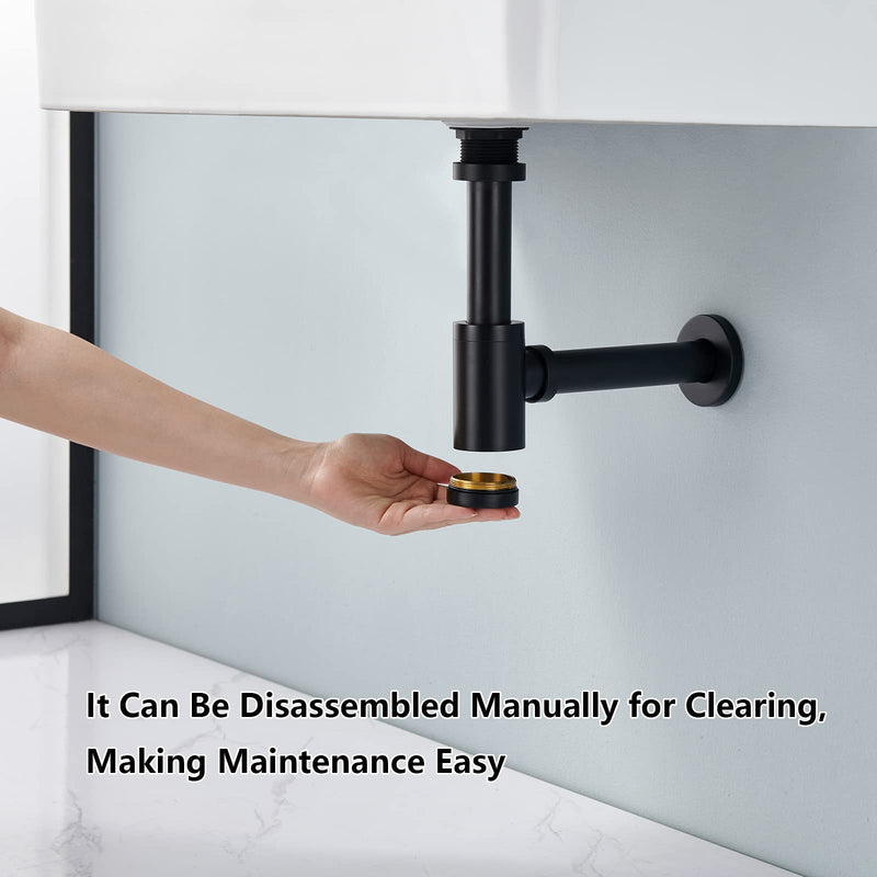 Brass P Trap Bathroom Sink: 1-1/4 Sink Trap with Adjustable Height - Matte Black Round Bottle P-Trap with Slip Joint Extension Tube - Basin Sink Stainless Steel Plumbing/Pipe Replacement Kit