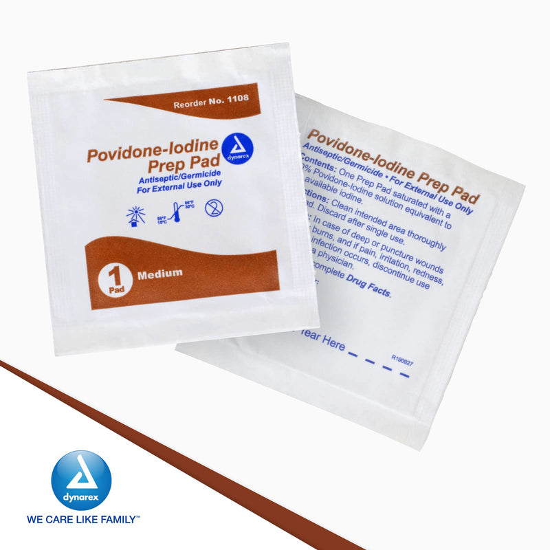 Dynarex Povidone-Iodine Prep Pads, Saturated with Povidone Iodine 10%, Medical-Grade Antiseptic Wipes Used for Prepping Prior Minor Procedures, Medium, 1 Case of 100 Prep Pads 100 Count (Pack of 1)