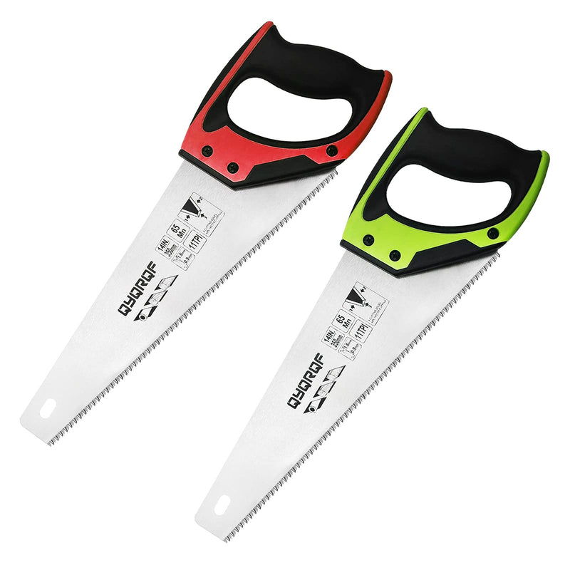 14 in. Pro Hand Saw, 11 TPI Fine-Cut Soft-Grip Hardpoint Handsaw Perfect for Sawing, Trimming, Gardening, Cutting Wood, Drywall, Plastic Pipes, Sharp Blade, Ergonomic Non-Slip Handle (green) Green